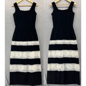 Women's Midge Grant Size 8 Black Velvet White Lace Maxi Dress Sleeveless Vintage